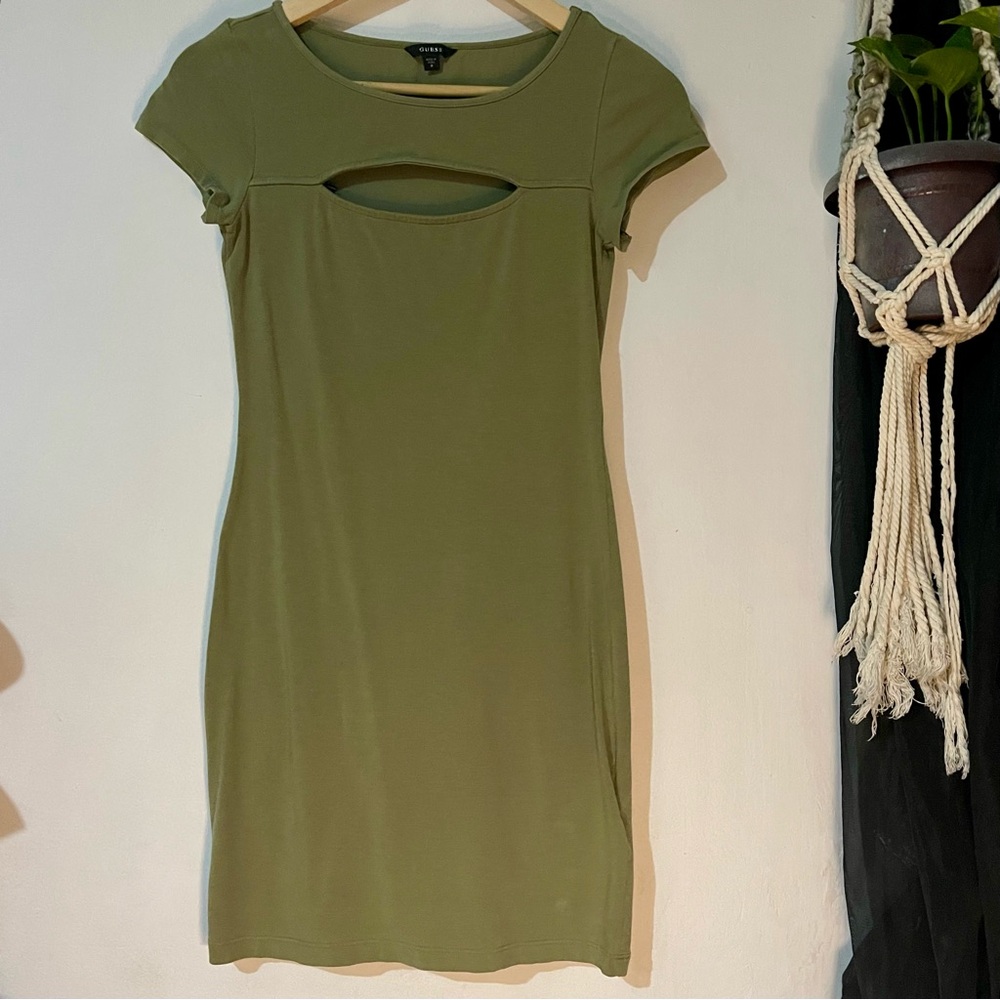 GUESS Olive Green Luna Chest Cutout Knit Cap Sleeve Bodycon Mini Dress M